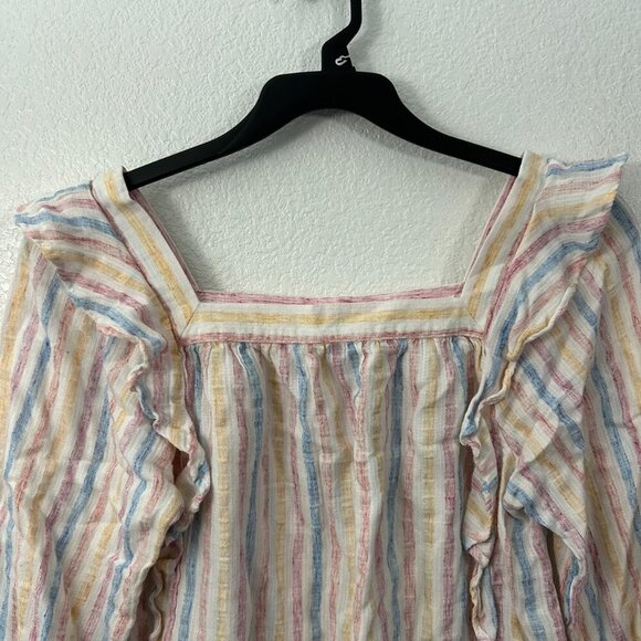 Chaps Pastel Striped Ruffle Square Neck Gauze Blouse Top - Picture 3 of 10